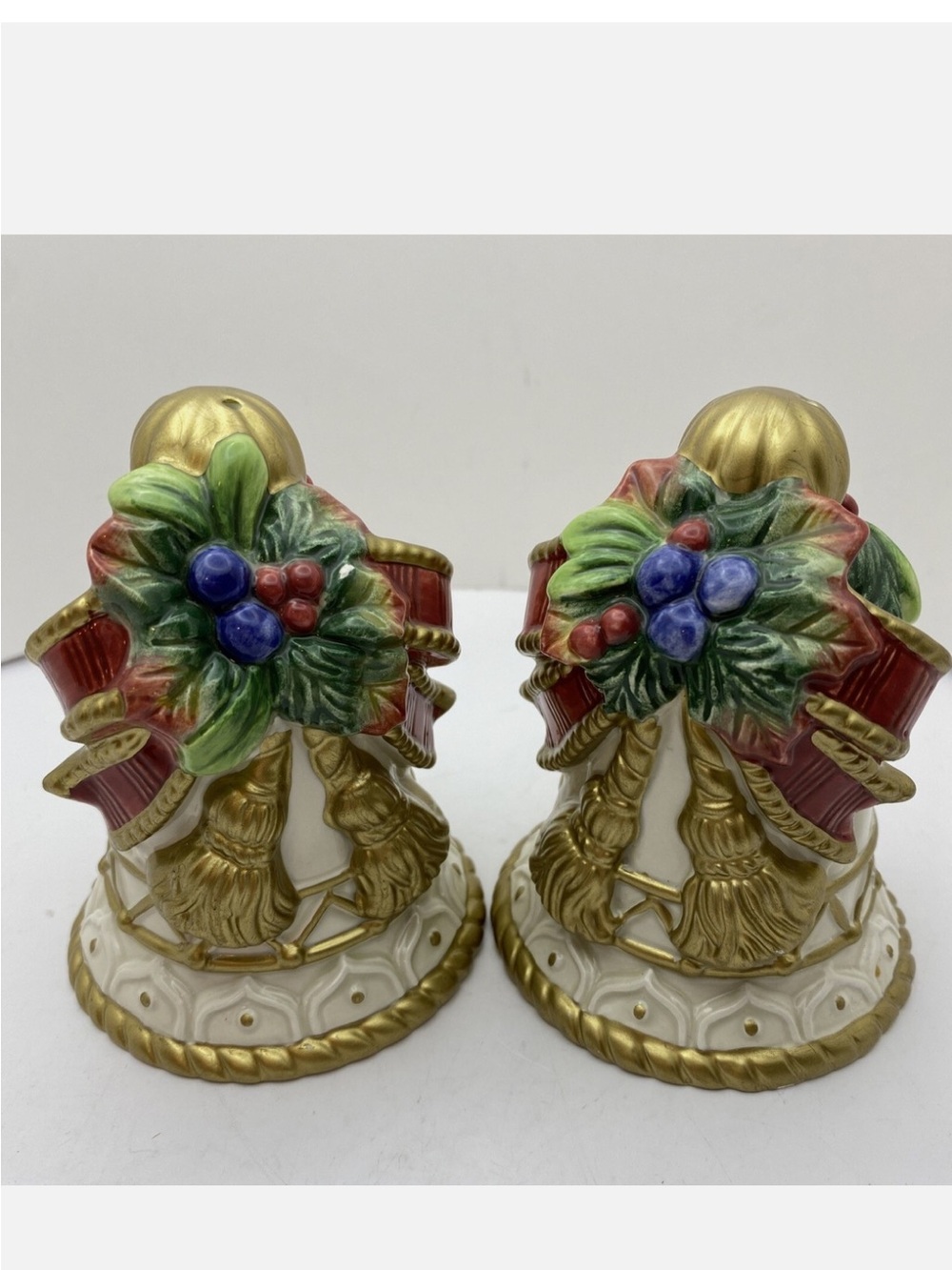 Vintage Fitz & Floyd Christmas Salt & Pepper Shakers - Hand-painted Bell Shape